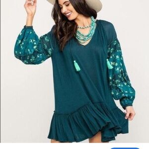 Free People Green Ruffled Mini Dress with Bishop Sleeves